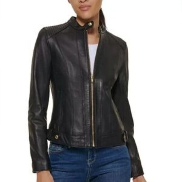 Cole Haan Seamed Lamb Leather Jacket Black Zip Up Quilted Racer Moto Coat L - Picture 1 of 12